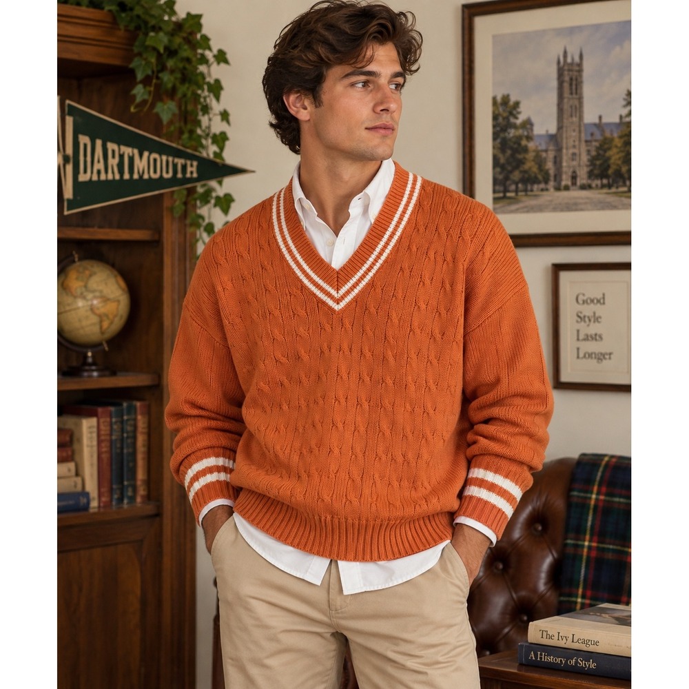 Vintage Claiborne Mens Preppy Cable Knit Sweater Tennis Prep V-Neck Academia